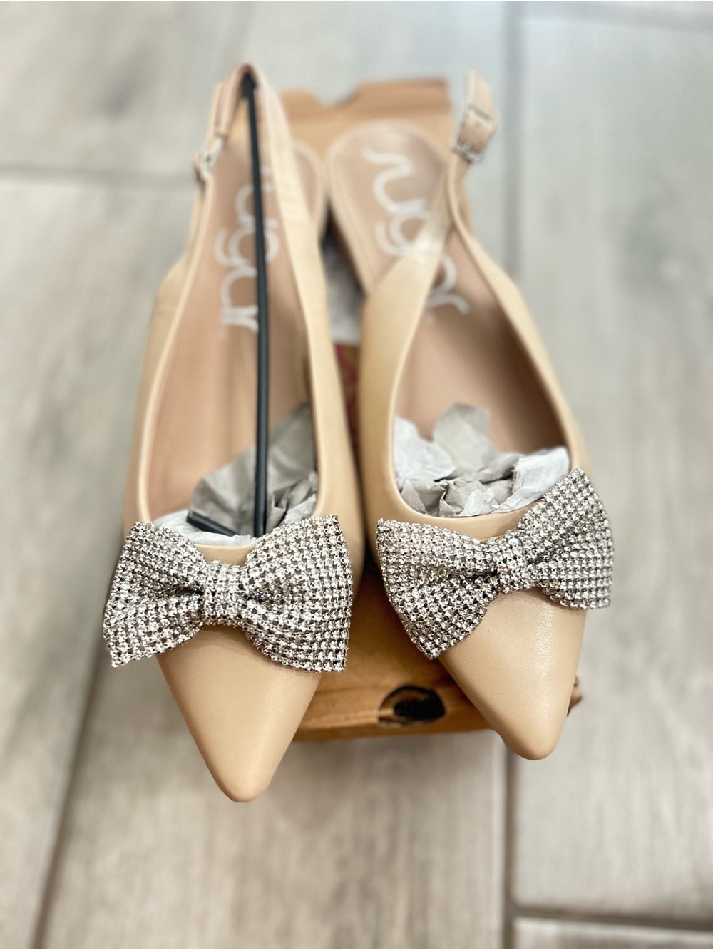 Sugar Nude Pointed Slingback Flats with Crystal Bow Accent